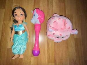 Bundle of 3 Kids Toys: Disney Princess Jasmine Doll, Unicorn LED Bubble Wand, an